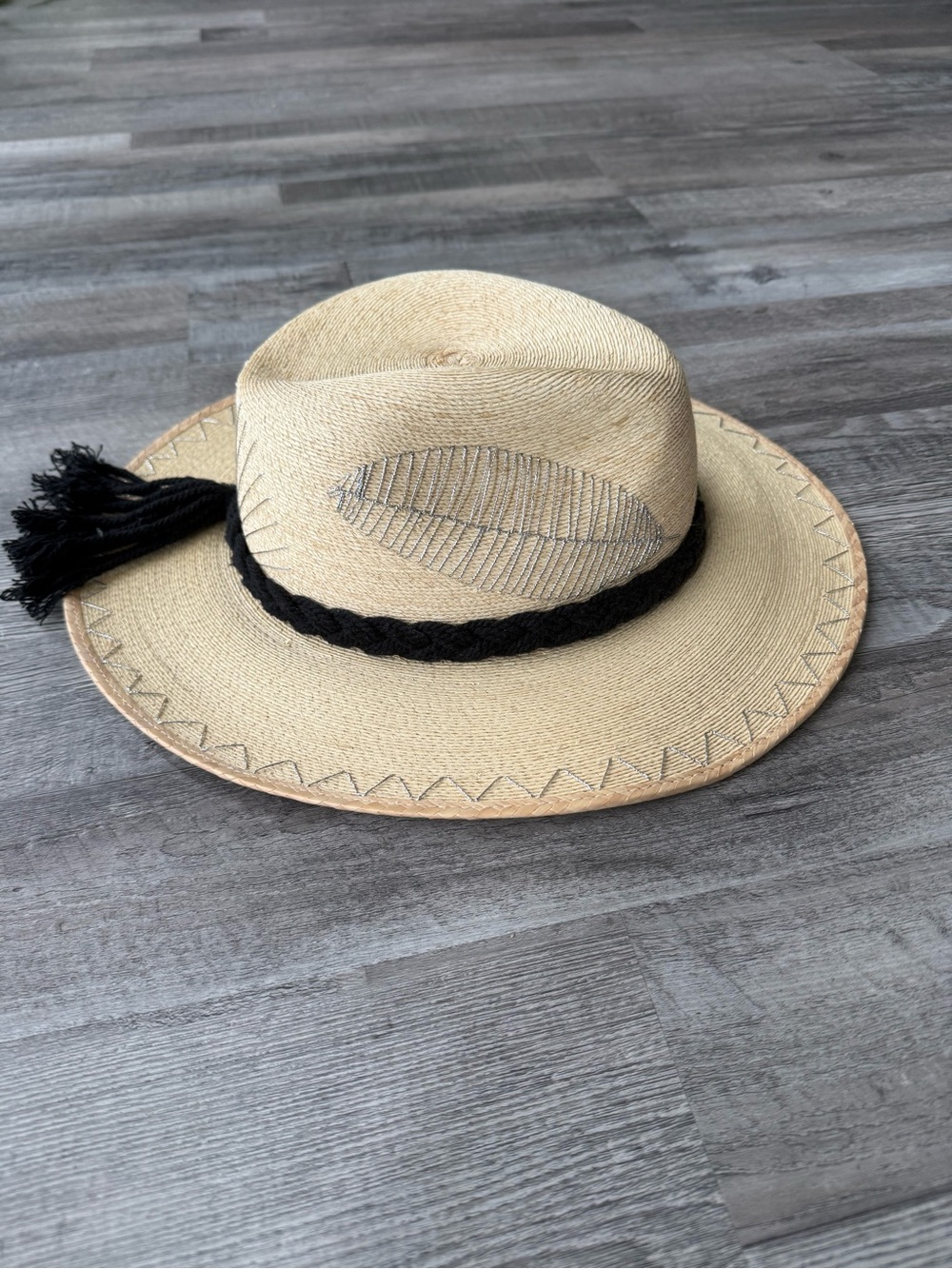 Straw Wide-Brim Sun Hat with Black Braided Band